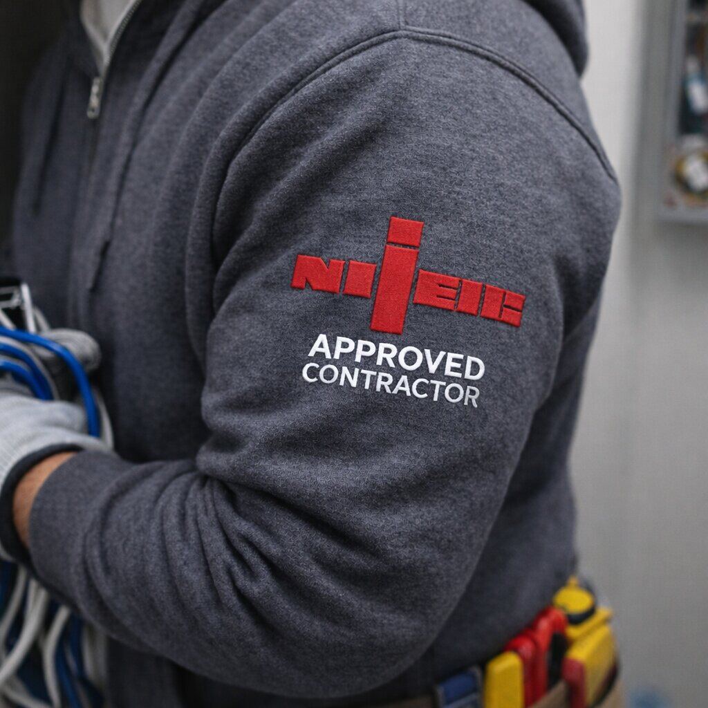 NICEIC Approved Contractor branded workwear worn by a Northern Tec electrician on site