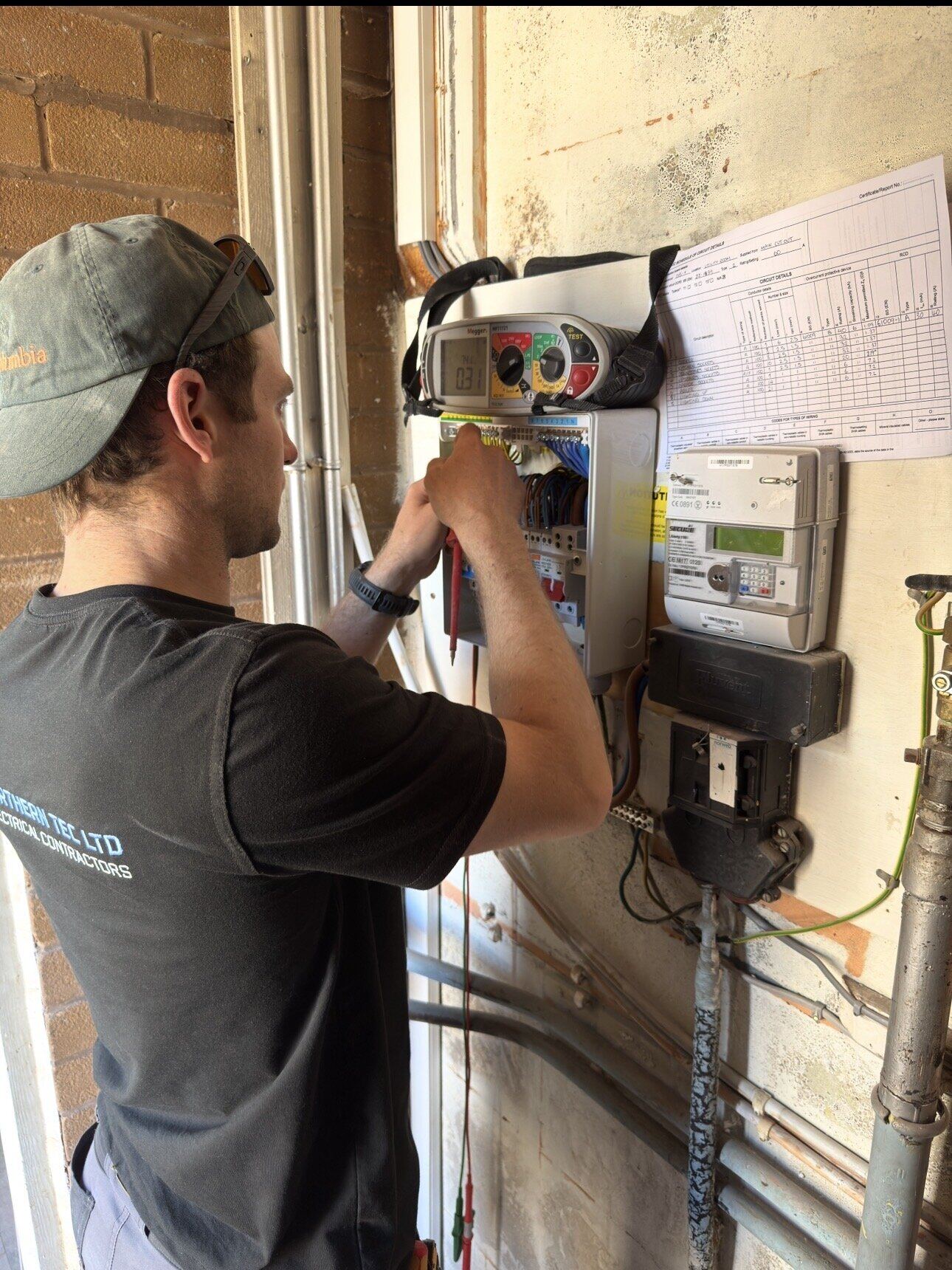 Northern Tec electrician carrying out testing and inspection on a distribution board with a Megger test instrument