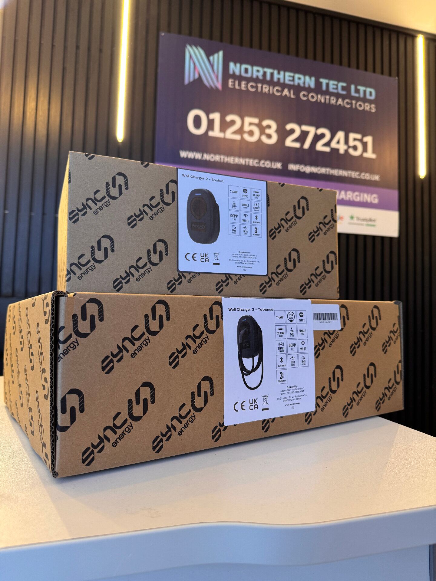 Sync Energy Wall Charger 2 socket and tethered EV chargers ready for installation at Northern Tec HQ