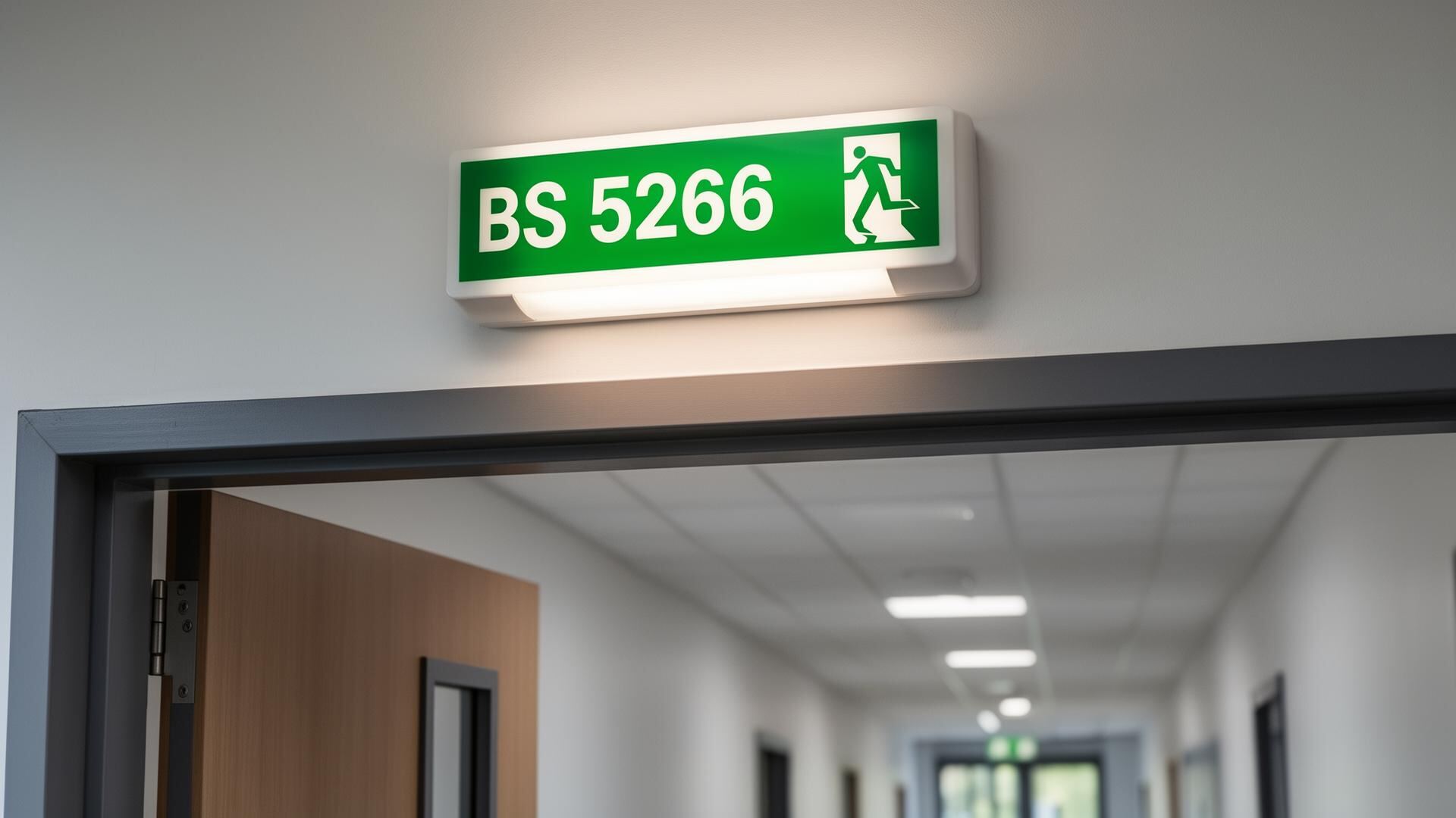 BS 5266 emergency escape lighting bulkhead and illuminated exit sign in a commercial corridor