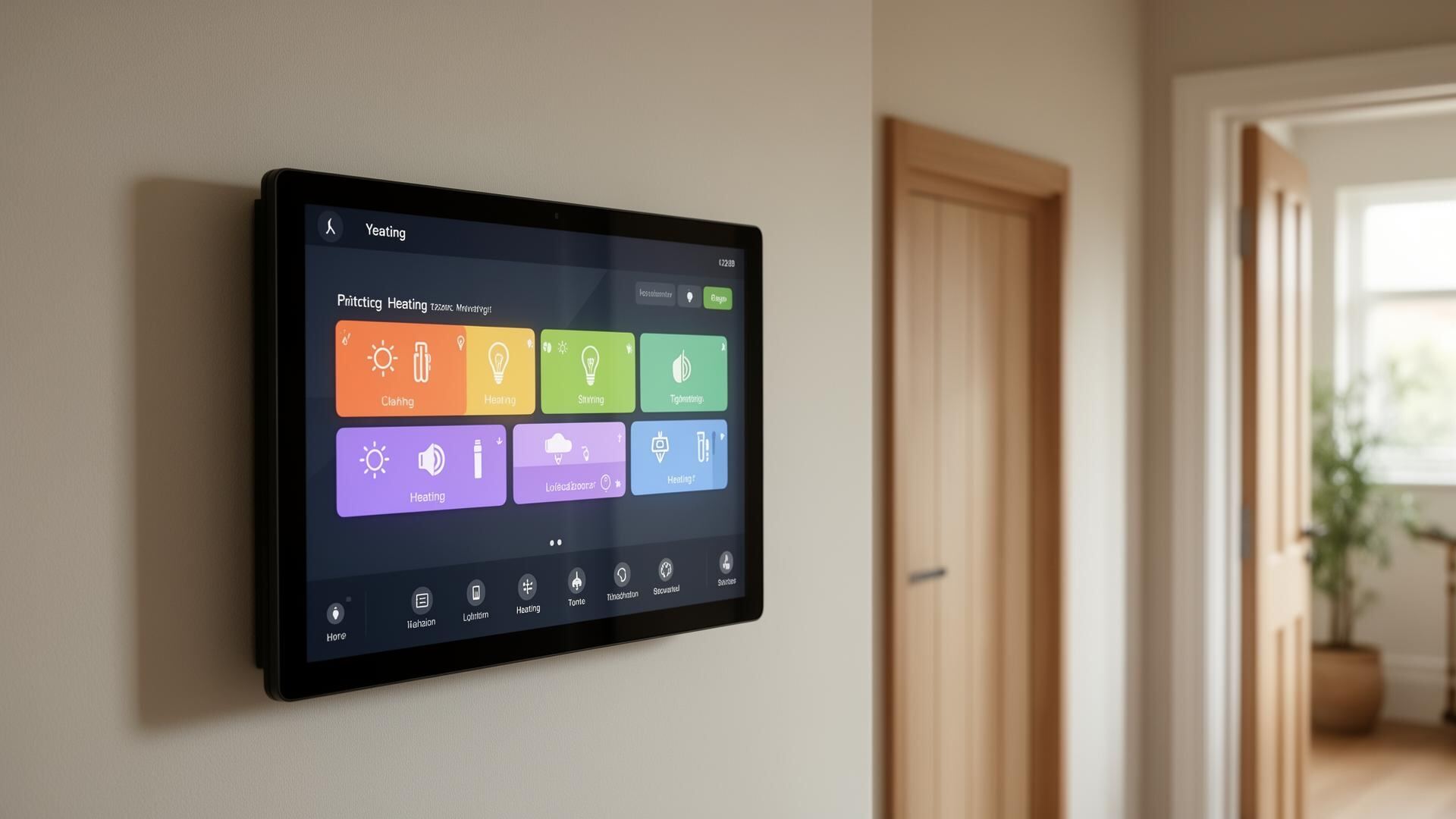 Wall-mounted smart home control panel and keypad in a modern British home interior